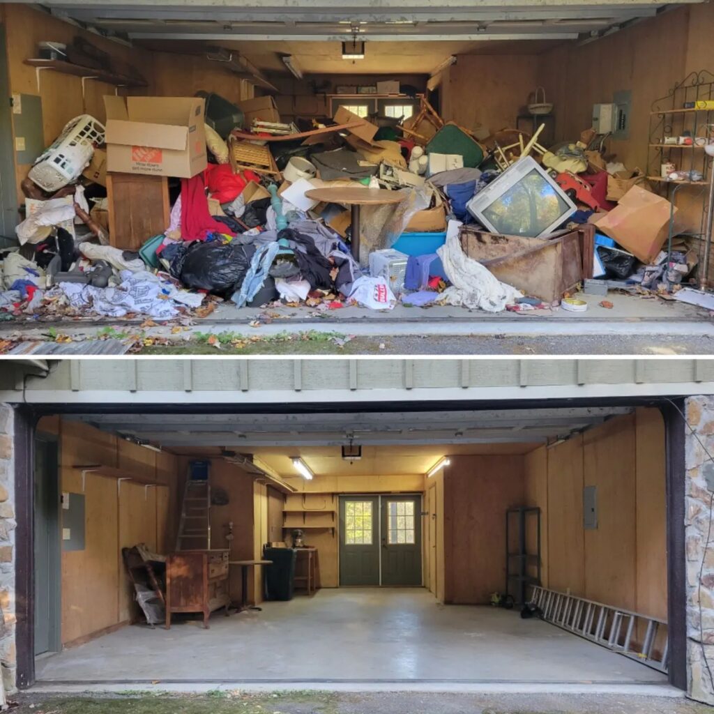 front view garage cleanout - debris and junk removal - before and after